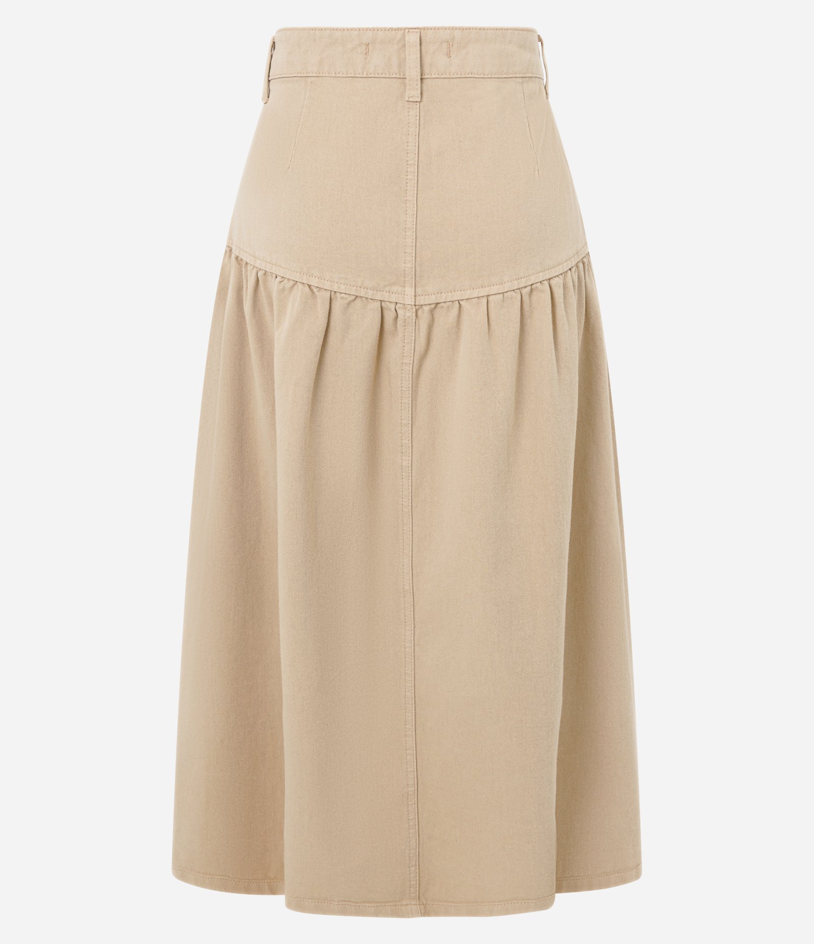 Saia Midi em Sarja com Recorte e Franzido Bege 6
