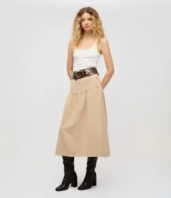 Saia Midi em Sarja com Recorte e Franzido