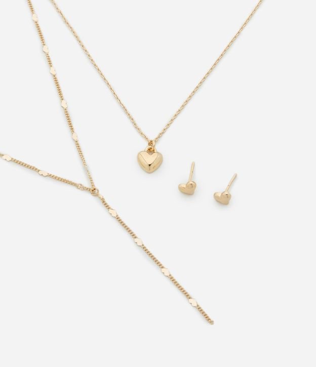 Conjunto de Colar e Brinco Metal Liso brinco coração e colar camadas com pingente e colar gravata aplicações de coração AE_SS25_CJT_0137