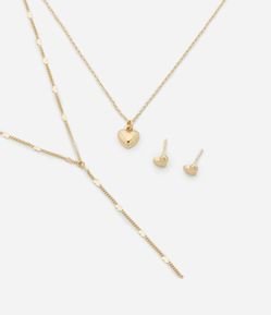 Conjunto de Colar e Brinco Metal Liso brinco coração e colar camadas com pingente e colar gravata aplicações de coração AE_SS25_CJT_0137