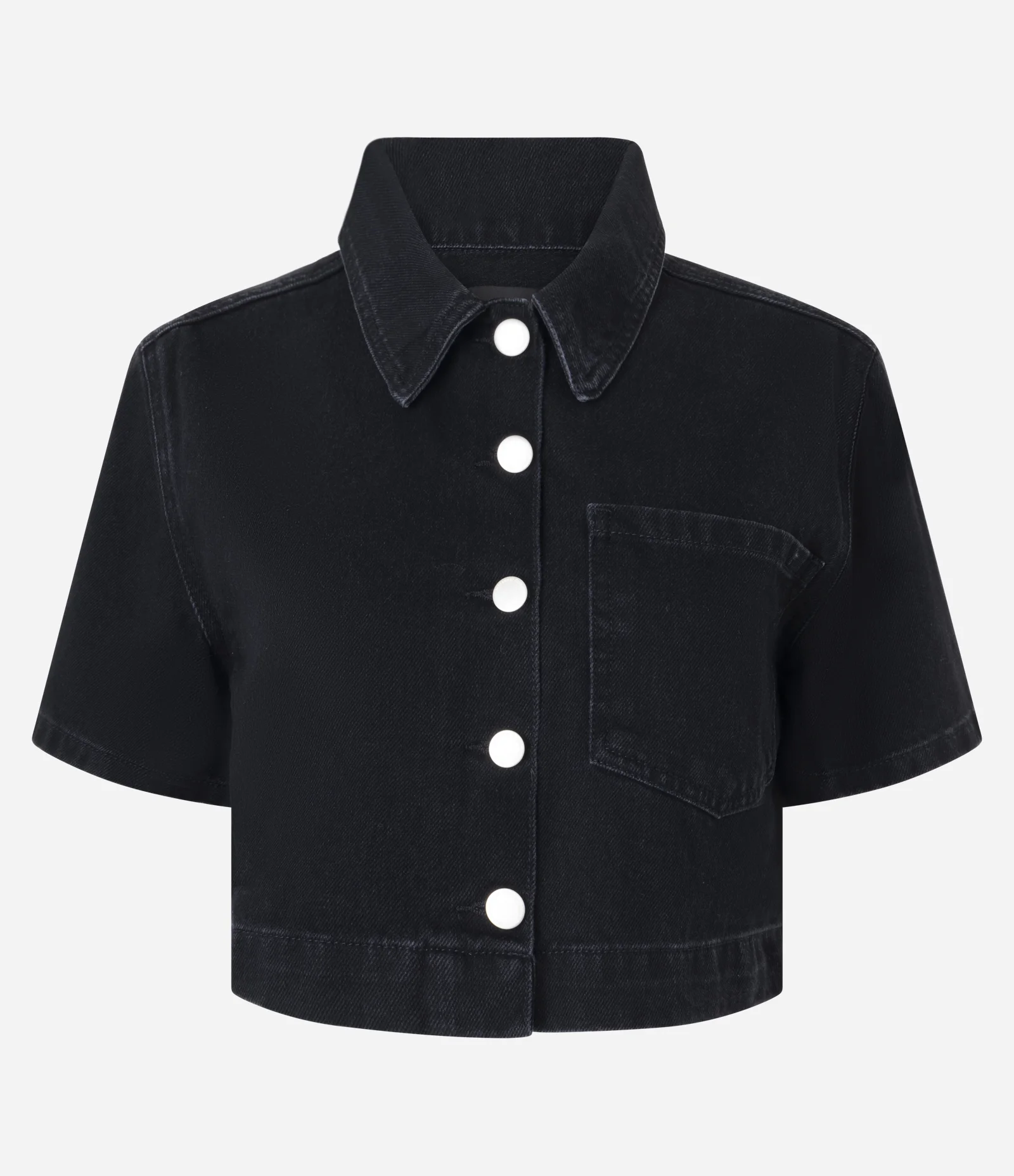 Camisa Cropped em Jeans com Botões e Bolso Preto 1