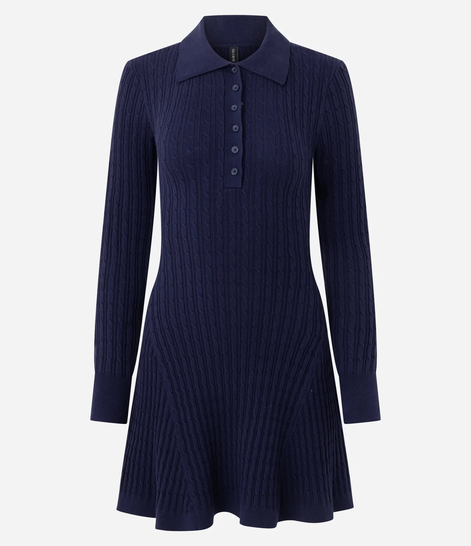 Vestido Curto em Tricô Texturizado com Gola Polo Azul 1
