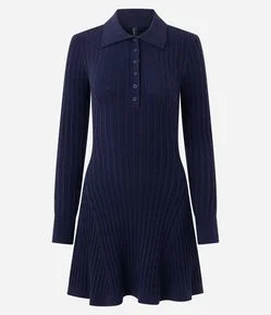 Vestido Curto em Tricô Texturizado com Gola Polo