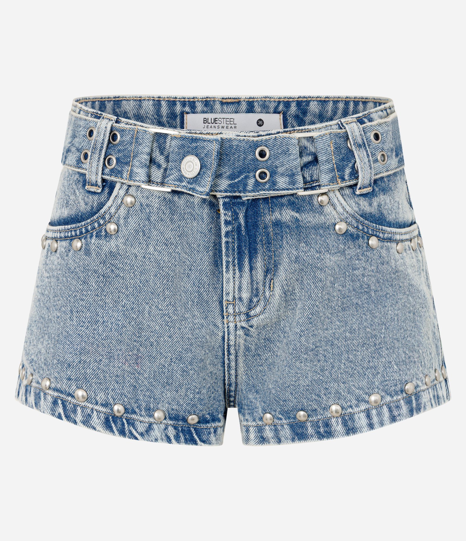 Short Micro em Jeans com Cintura Baixa Cinto e Tachas Aplicadas Azul 3