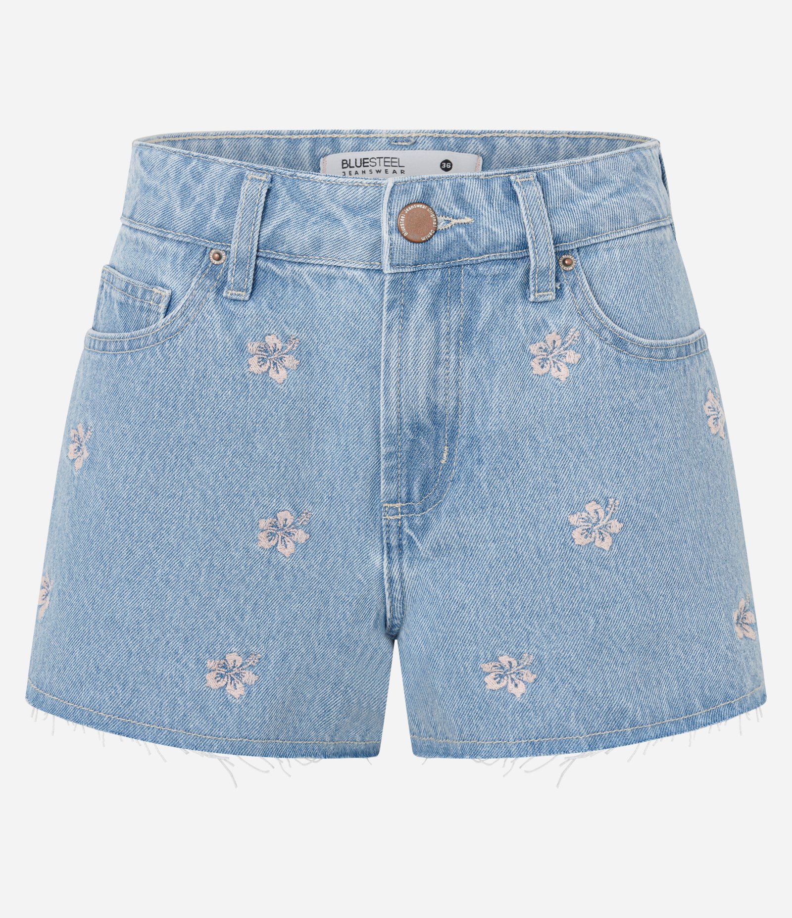 Short Jeans com Bordado de Hibisco e Barra Desfiada Azul 5