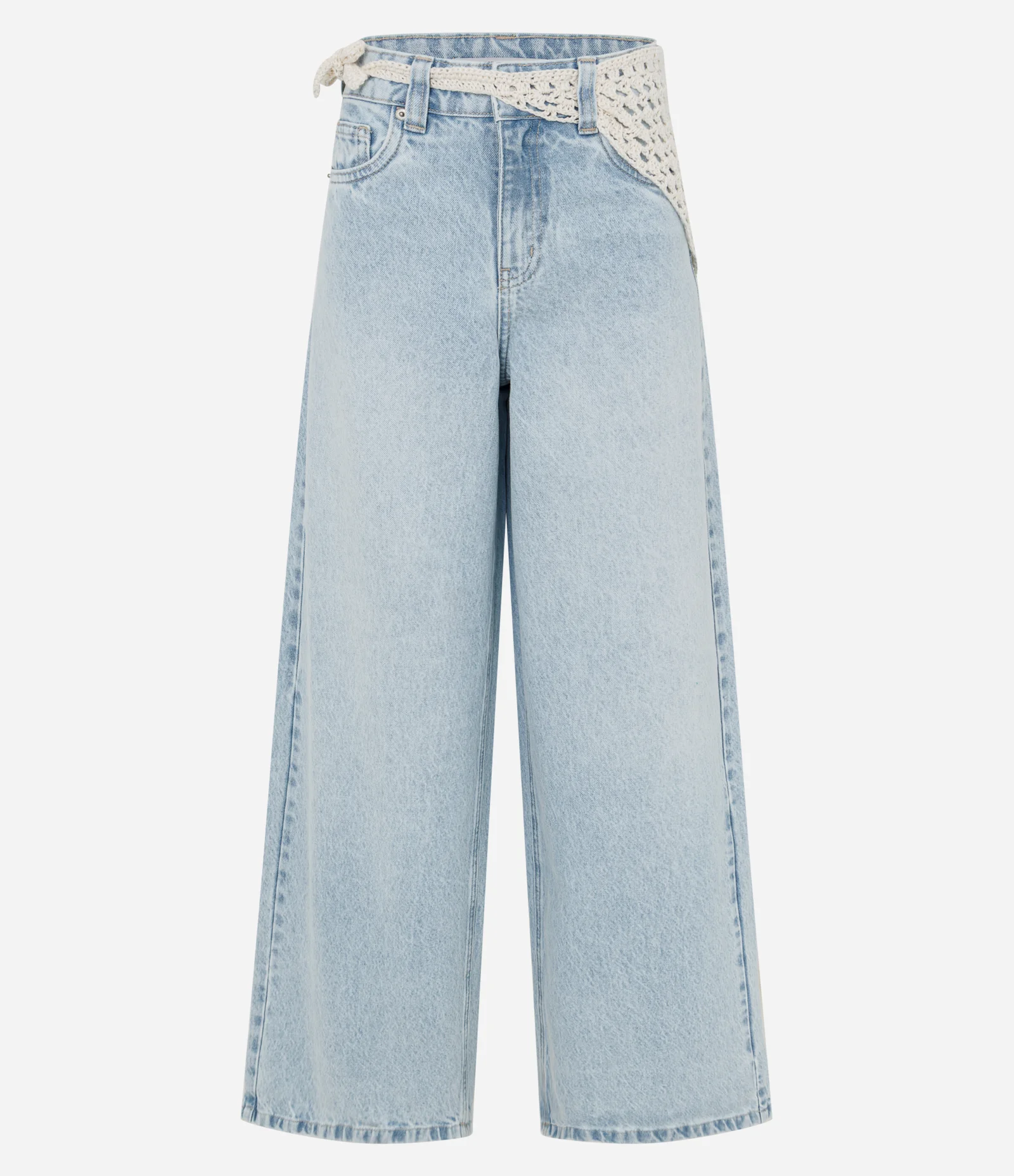 Calça Pantalona Cintura Média em Jeans com Cinto Lenço Claro 1