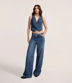 Calça Wide Leg em Jeans com Cós Transpassado