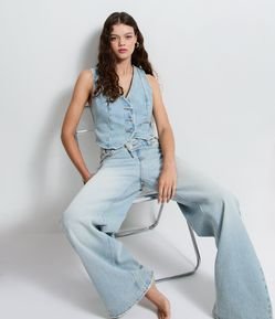 Calça Wide Leg em Jeans com Cós Transpassado