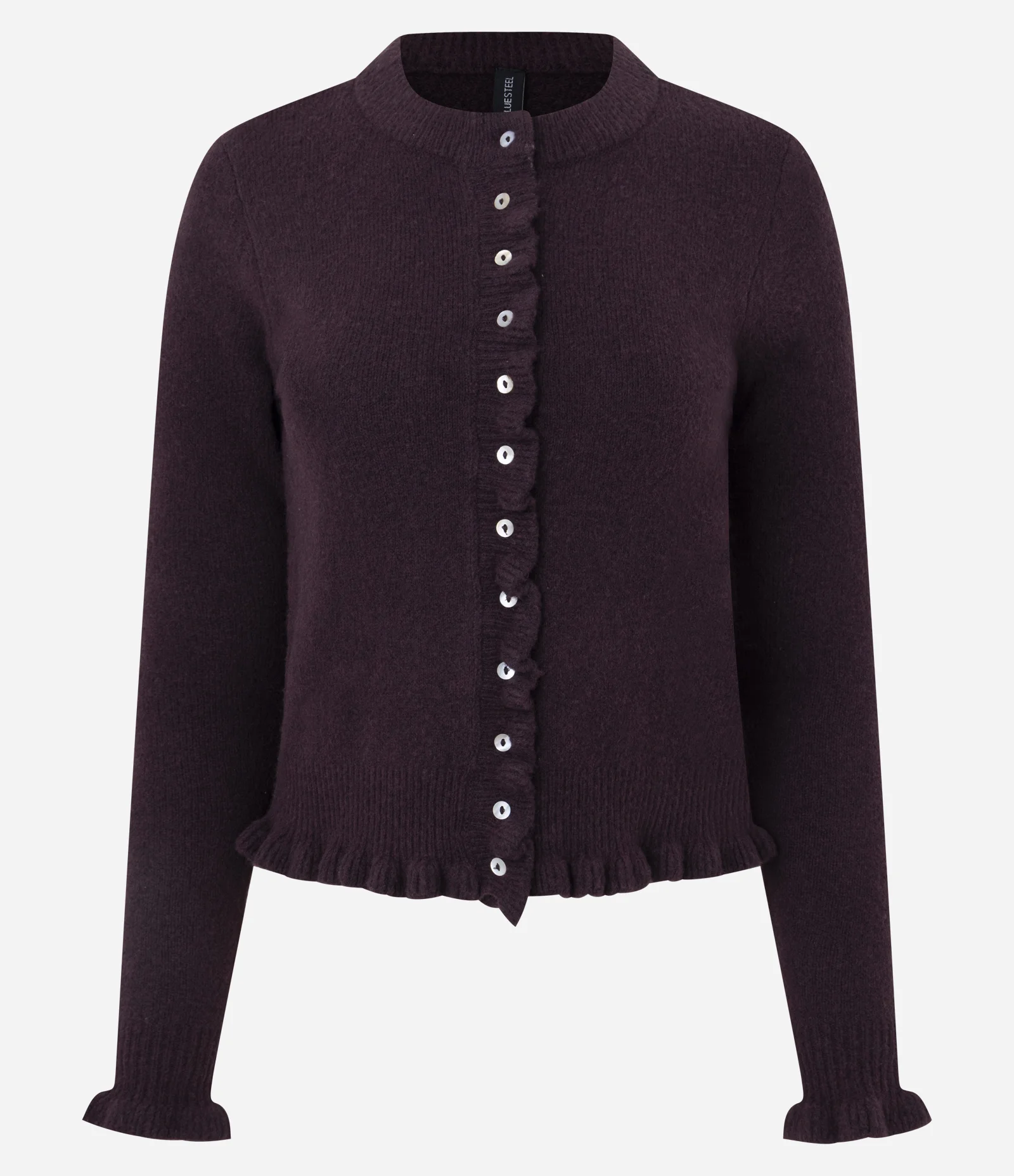 Cardigan em Tricô com Babados e Botões Madrepérola Bordô 1