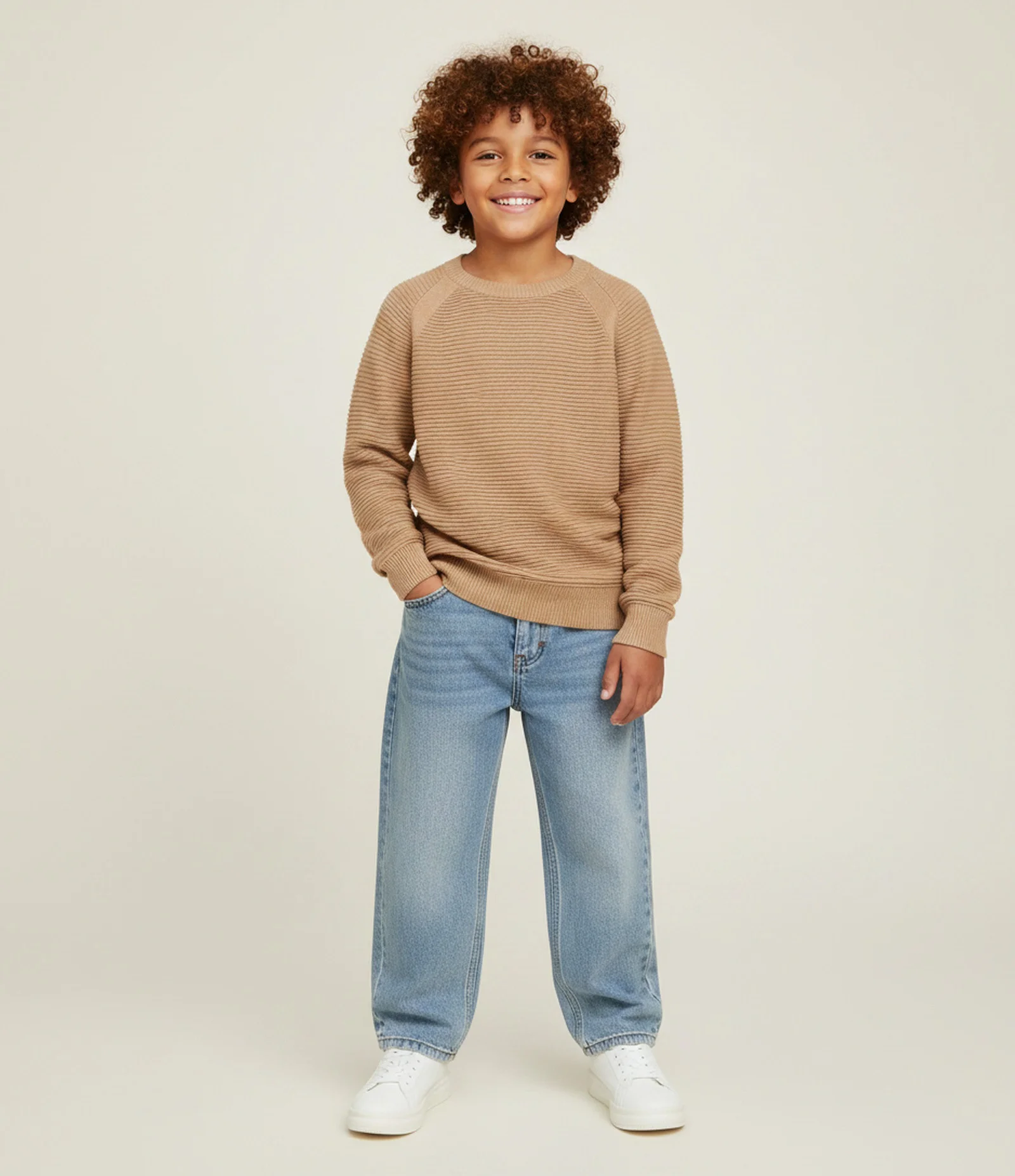 Blusão Infantil Canelado com Cava Raglan - Tam 5 a 14 Anos Bege 1