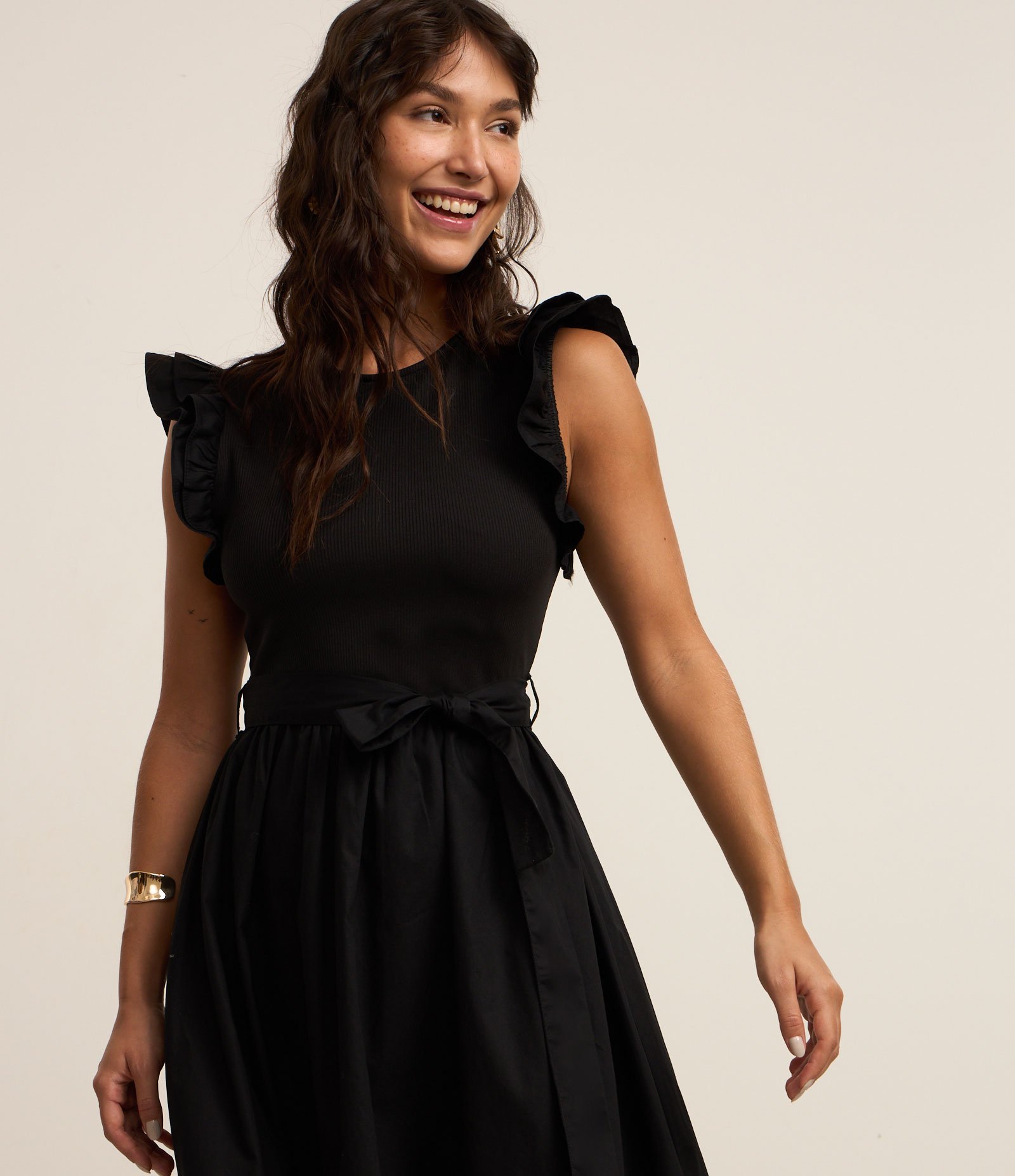 Vestido Evasê New Midi em Ribana e Tricoline com Amarração Raven 2