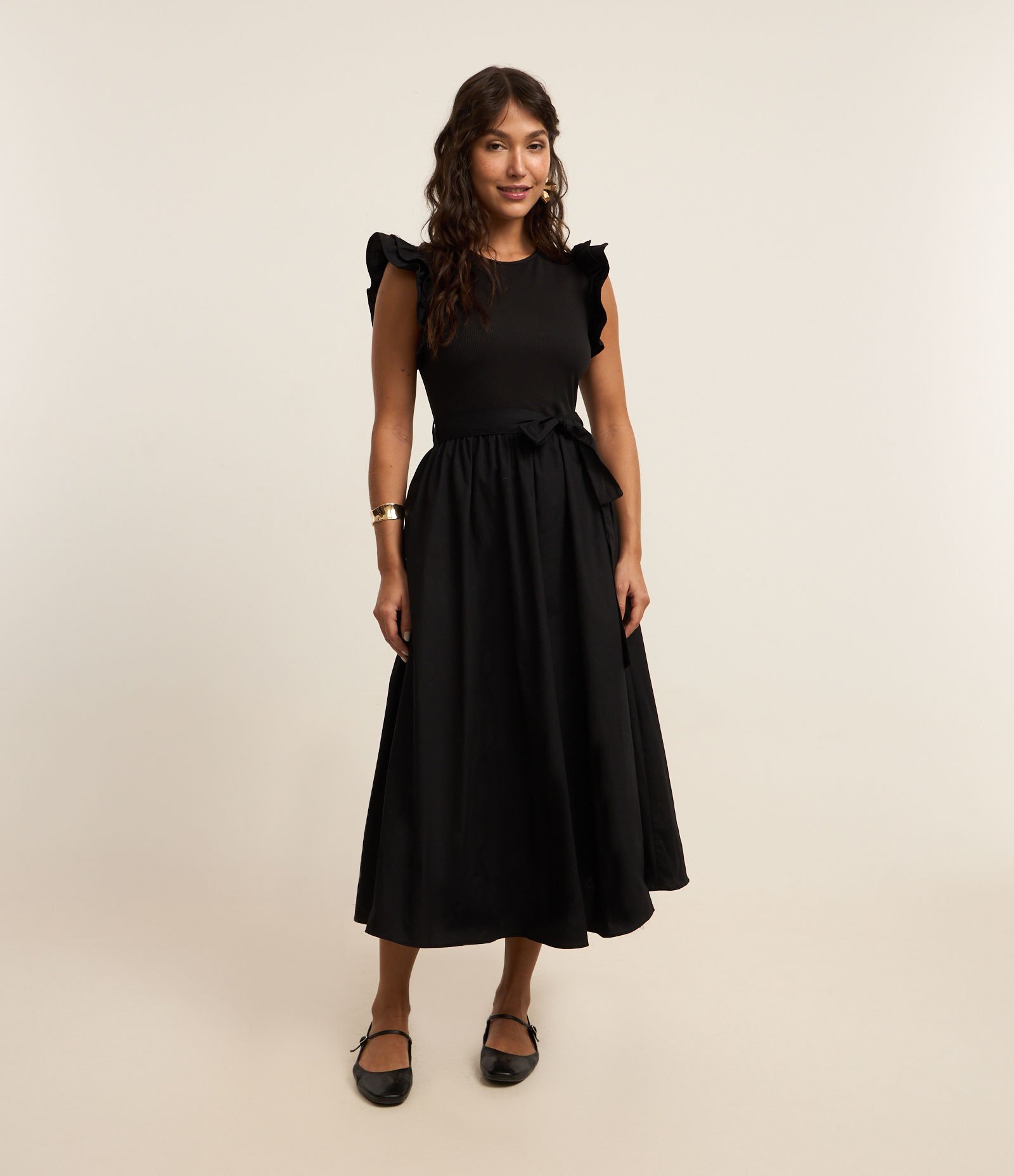 Vestido Evasê New Midi em Ribana e Tricoline com Amarração Raven 3