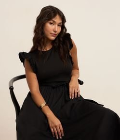 Vestido Evasê New Midi em Ribana e Tricoline com Amarração