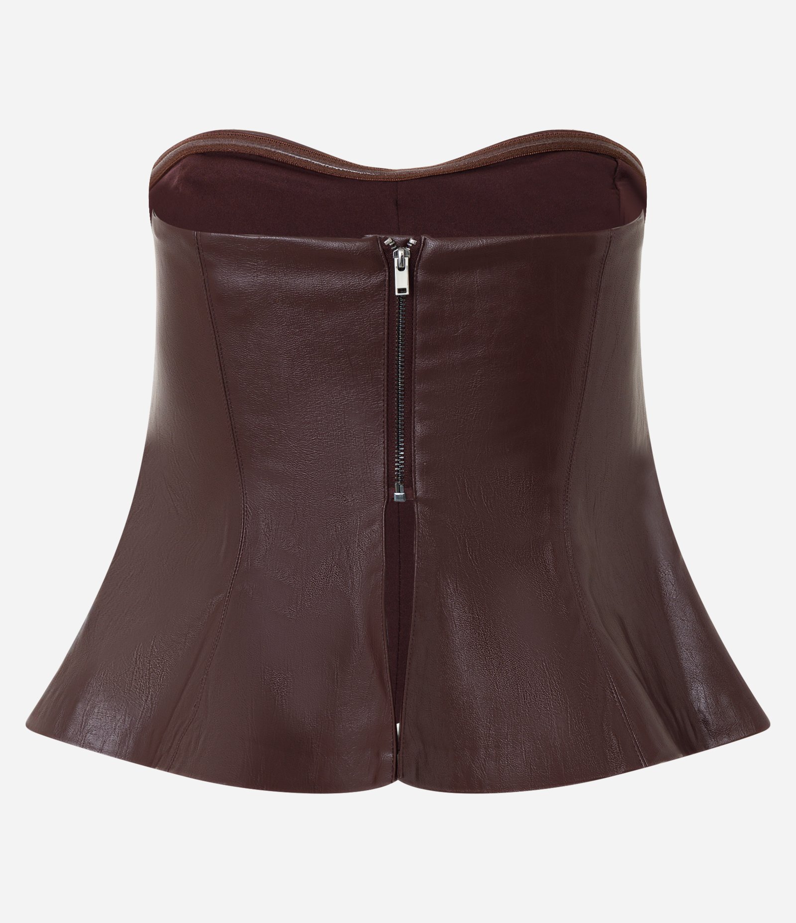 Blusa Peplum Tomara que Caia em PU com Decote Coração Marrom 2