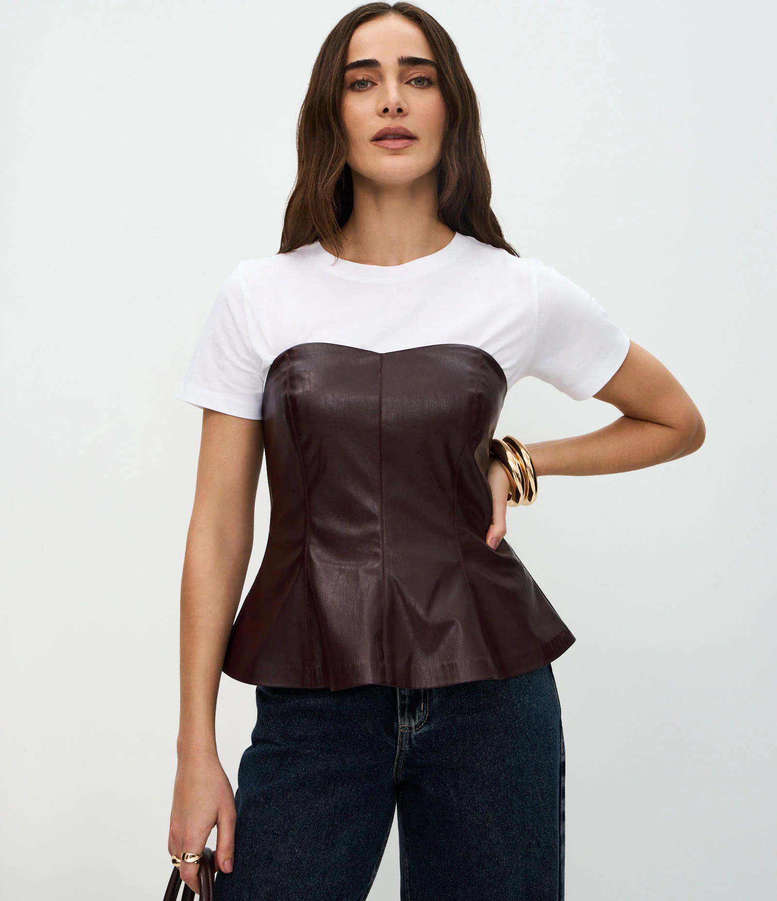 Blusa Peplum Tomara que Caia em PU com Decote Coração Marrom 1