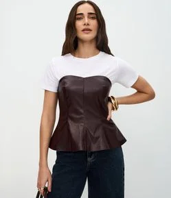 Blusa Peplum Tomara que Caia em PU com Decote Coração