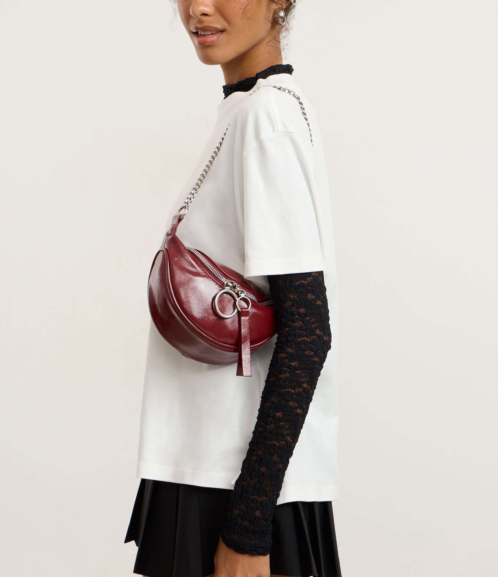 Bolsa Pochete Pequena em PU com Alça Corrente Vinho 9