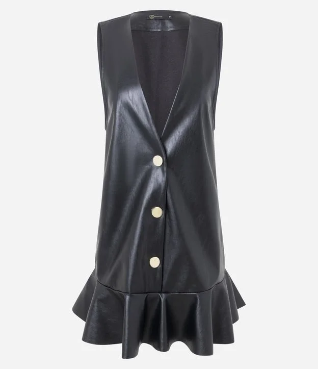 Vestido Salopete Curto em PU com Abotoamento