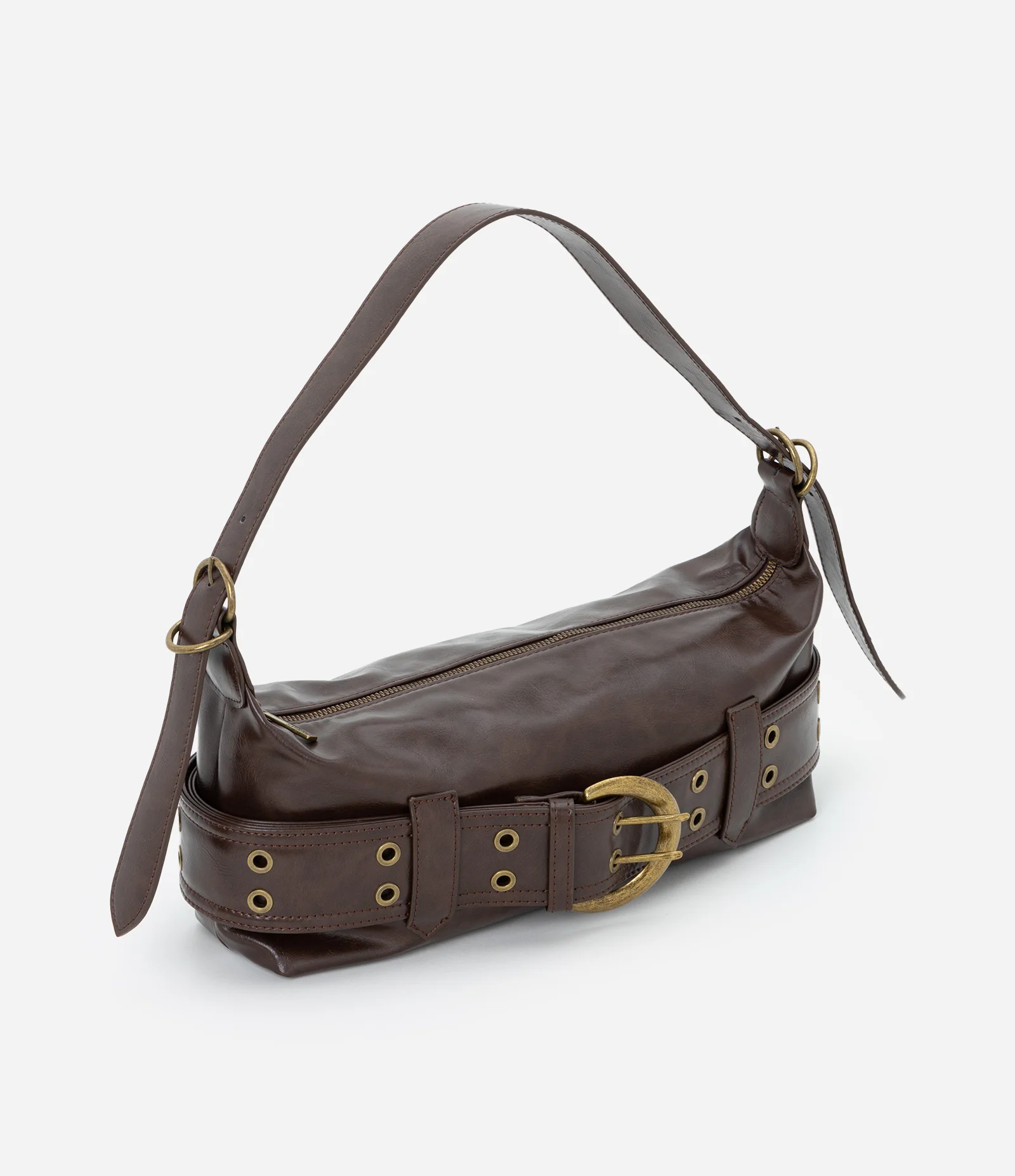 Bolsa Baguete Média em PU com Detalhes Metalizados Marrom 1