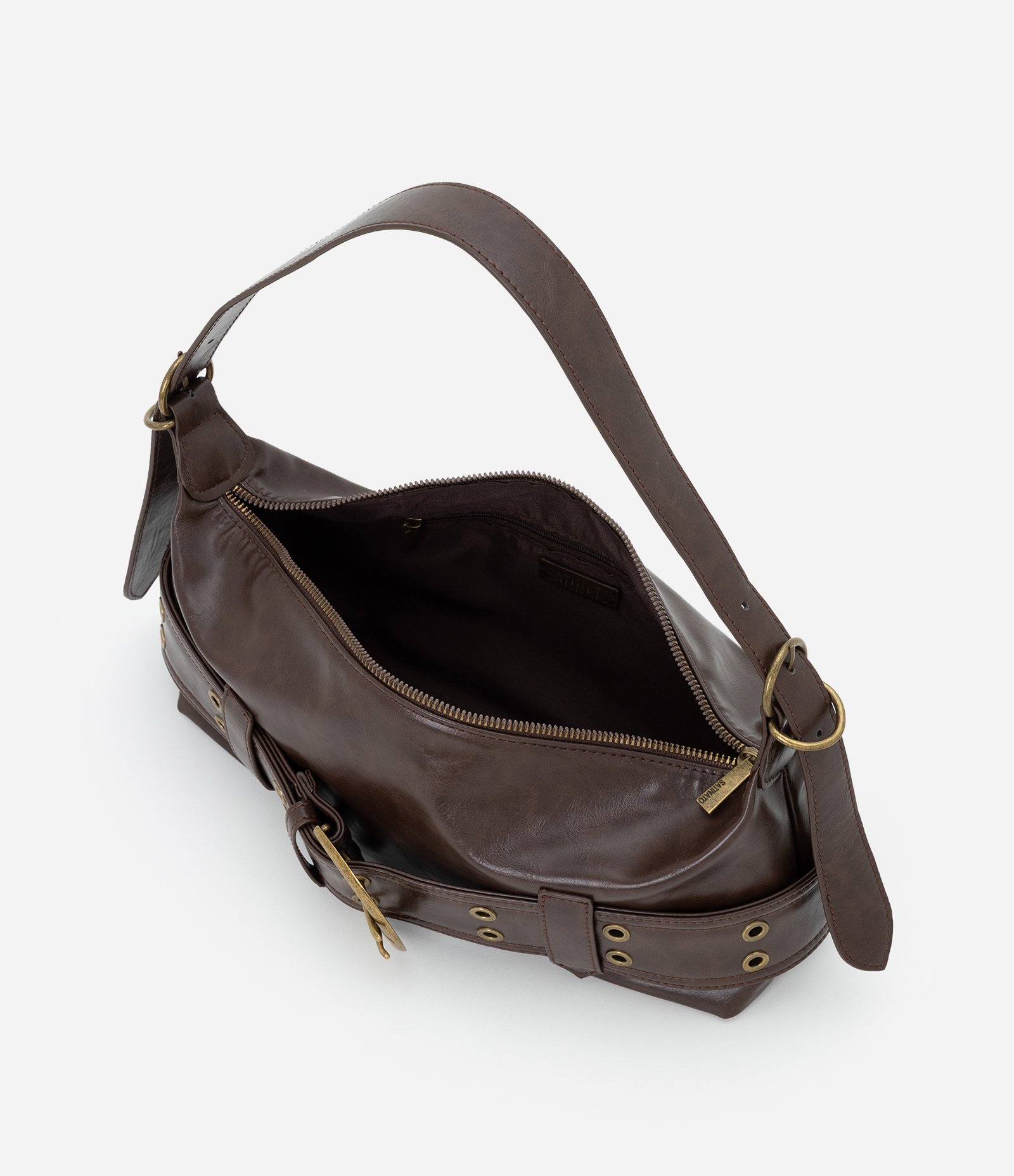 Bolsa Baguete Média em PU com Detalhes Metalizados Marrom 4