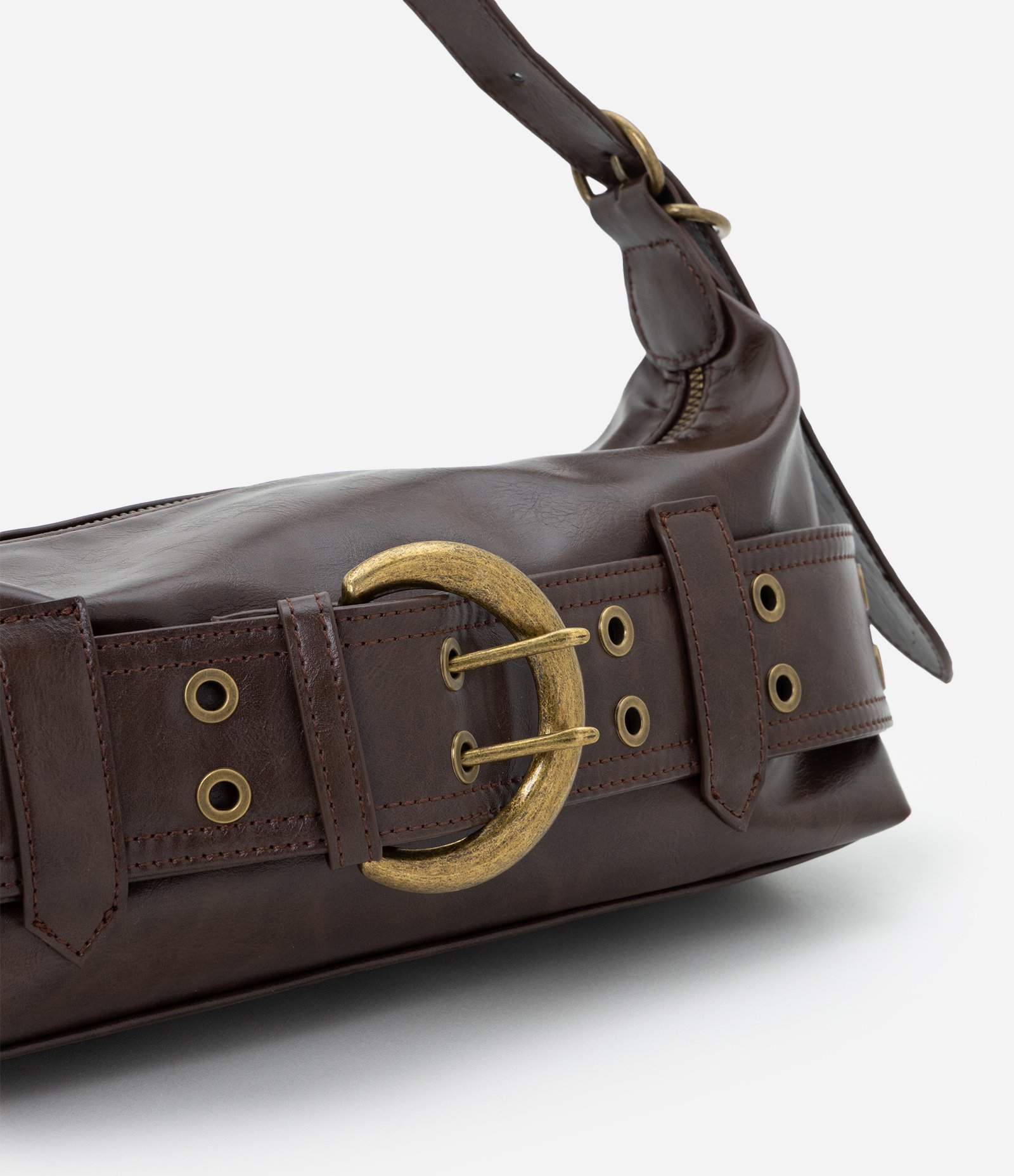 Bolsa Baguete Média em PU com Detalhes Metalizados Marrom 5