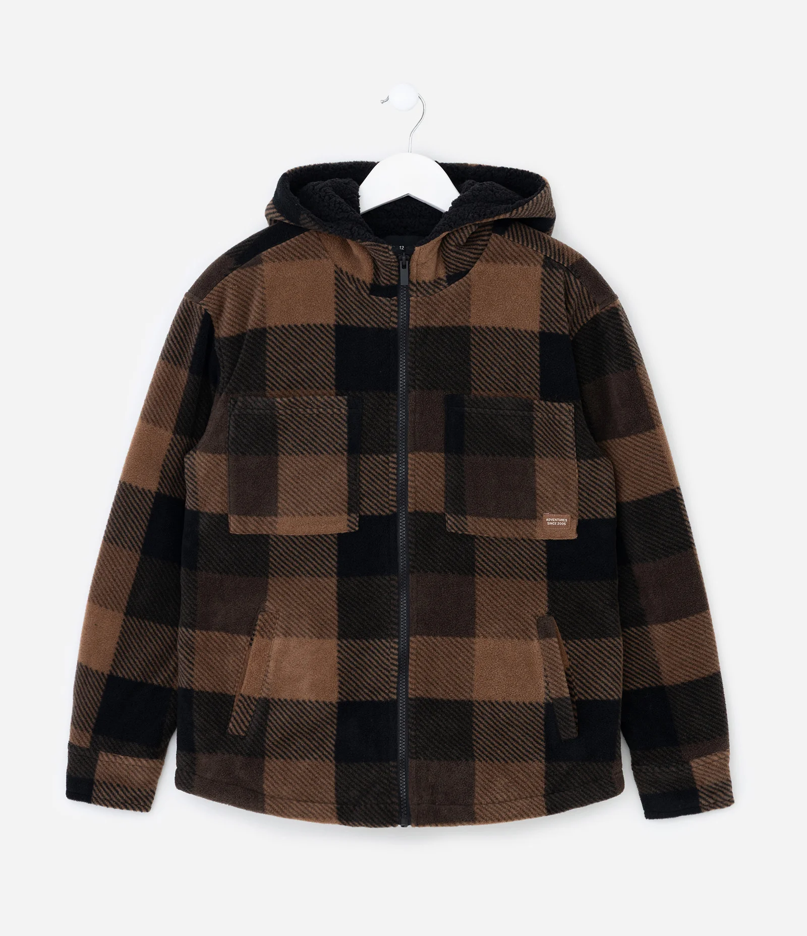 Casaco Infantil em Fleece com Estampa Xadrez e Capuz – Tam 5 a 14 Anos Marrom 1