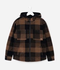 Casaco Infantil em Fleece com Estampa Xadrez e Capuz – Tam 5 a 14 Anos