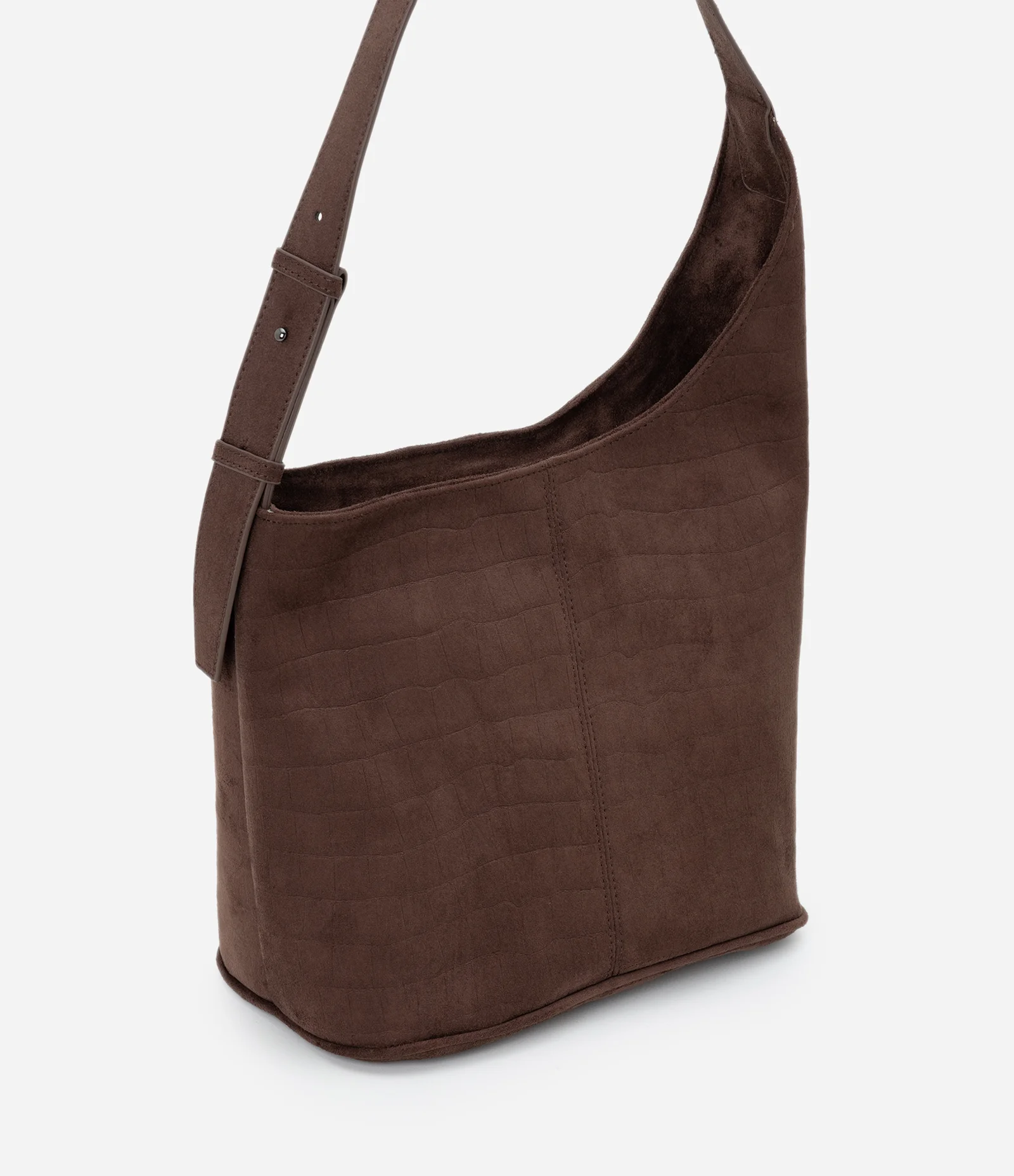 Bolsa Bucket Média em Suede com Textura Croco Marrom 2