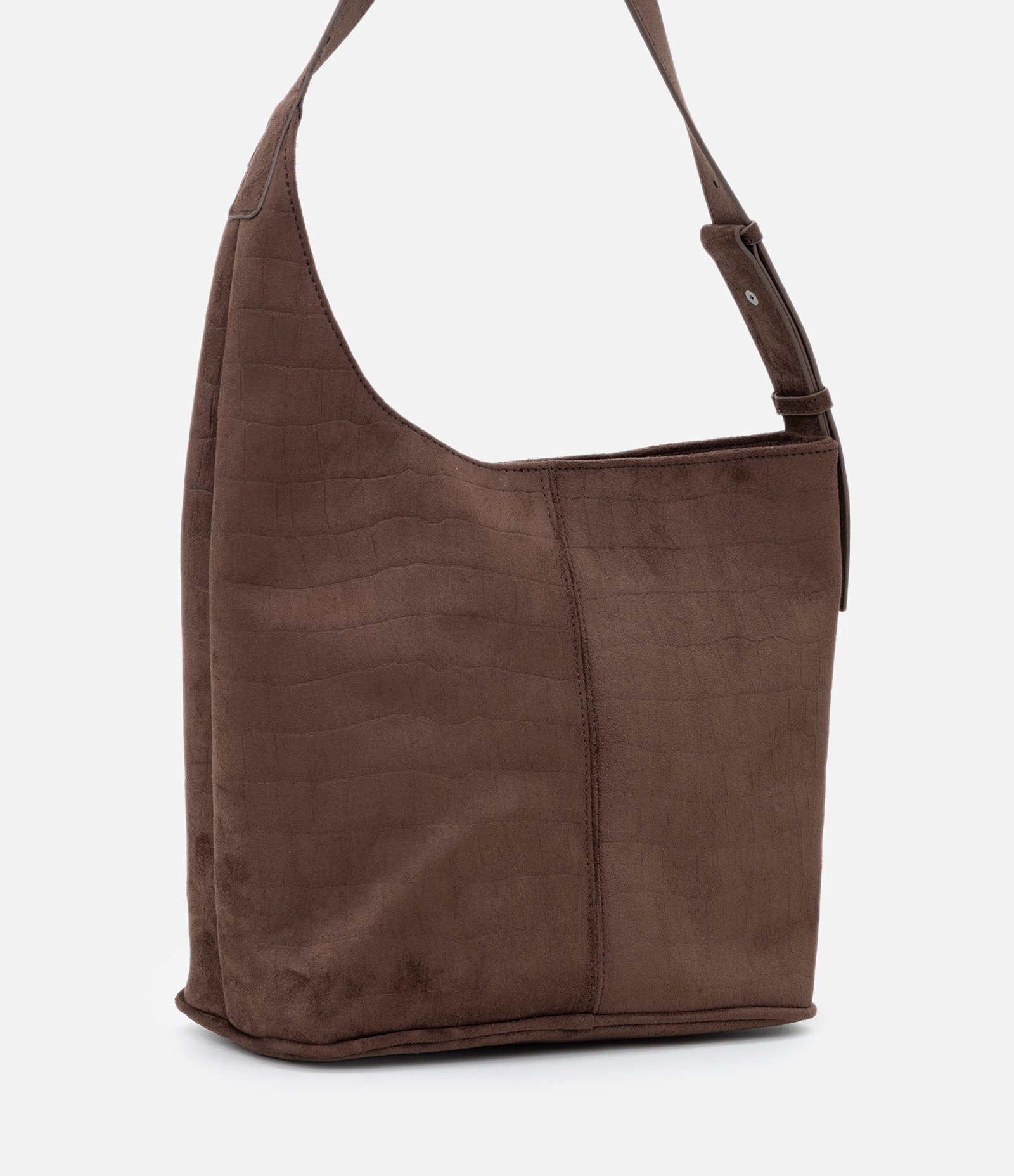 Bolsa Bucket Média em Suede com Textura Croco Marrom 6
