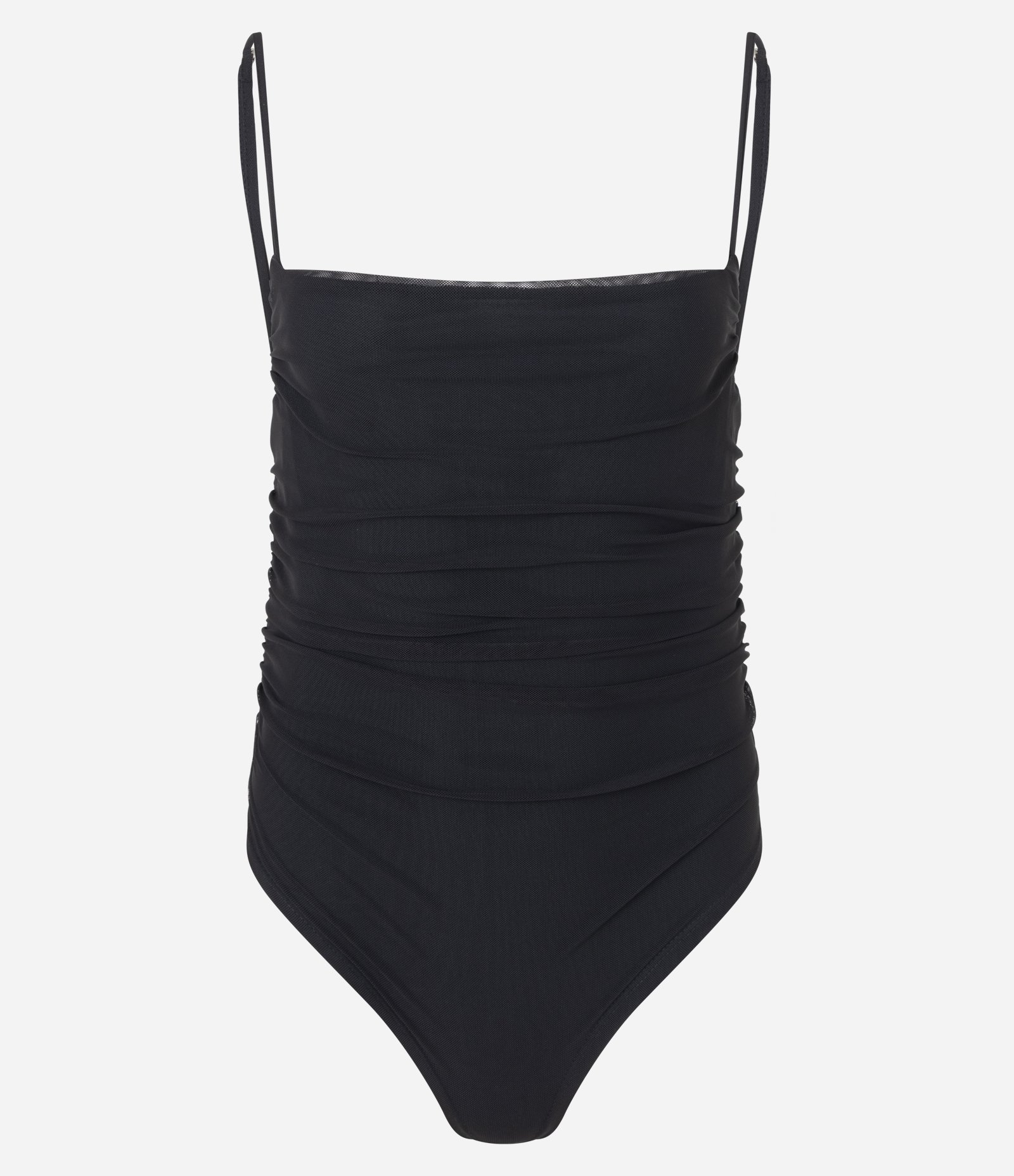 Body Alça Fina em Tule com Franzidos Laterais Preto 1