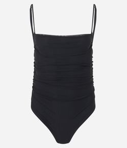 Body Alça Fina em Tule com Franzidos Laterais