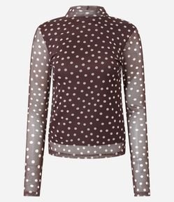 Blusa Manga Longa em Tule com Estampa Poa