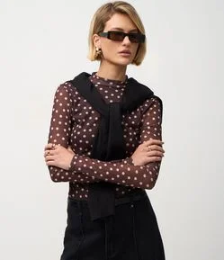 Blusa Manga Longa em Tule com Estampa Poa