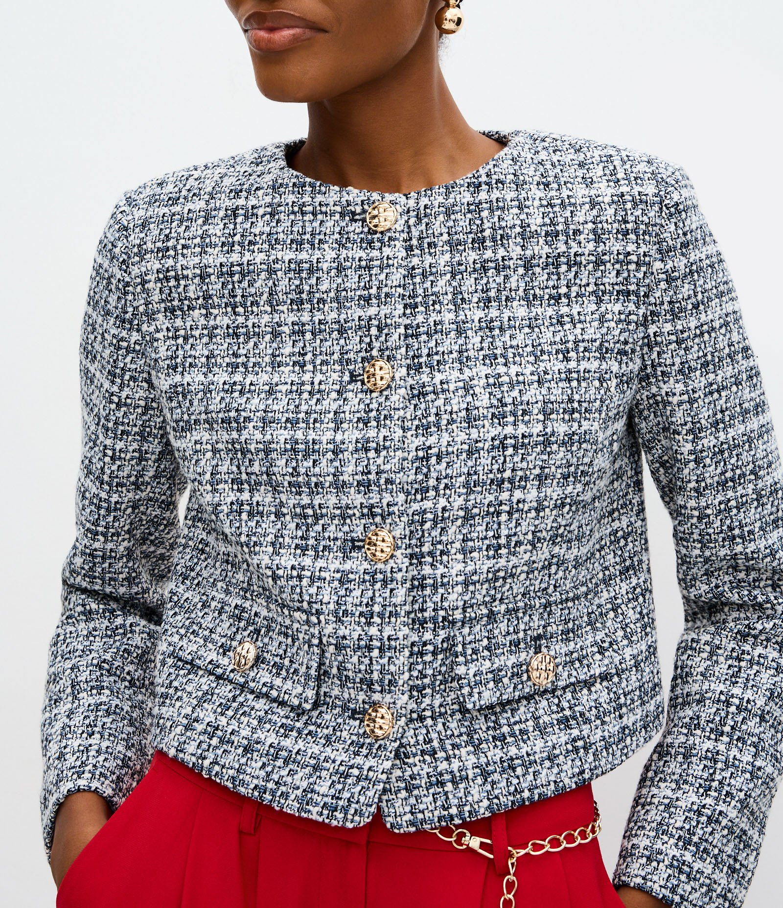 Jaqueta Leve Casaqueto em Tweed com Quatro Bolsos Azul 4