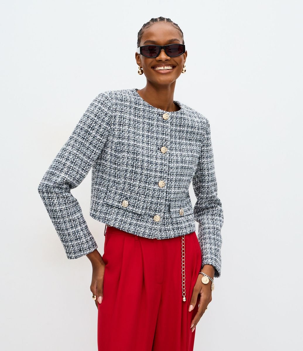 Jaqueta Leve Casaqueto em Tweed com Quatro Bolsos Azul