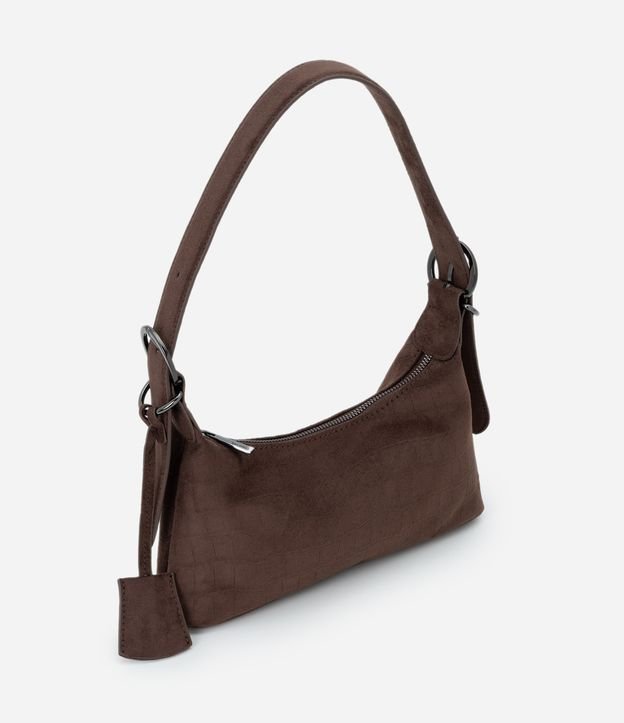 Bolsa Shoulder Pequena em Suede com Textura Croco e Fivelas