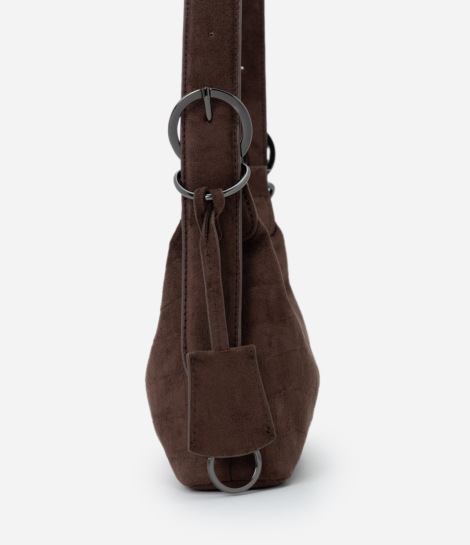 Bolsa Shoulder Pequena em Suede com Textura Croco e Fivelas Marrom 2