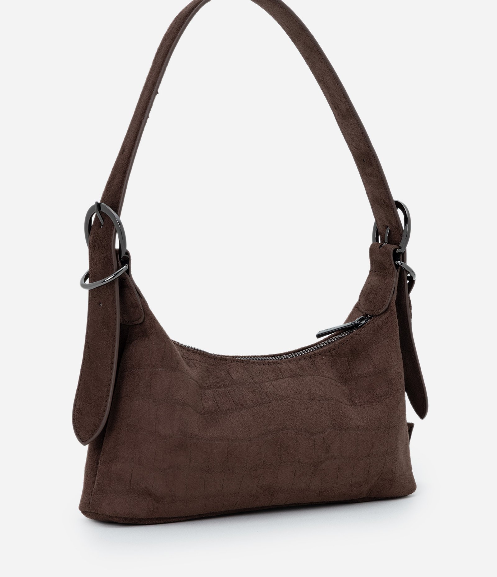 Bolsa Shoulder Pequena em Suede com Textura Croco e Fivelas Marrom 3
