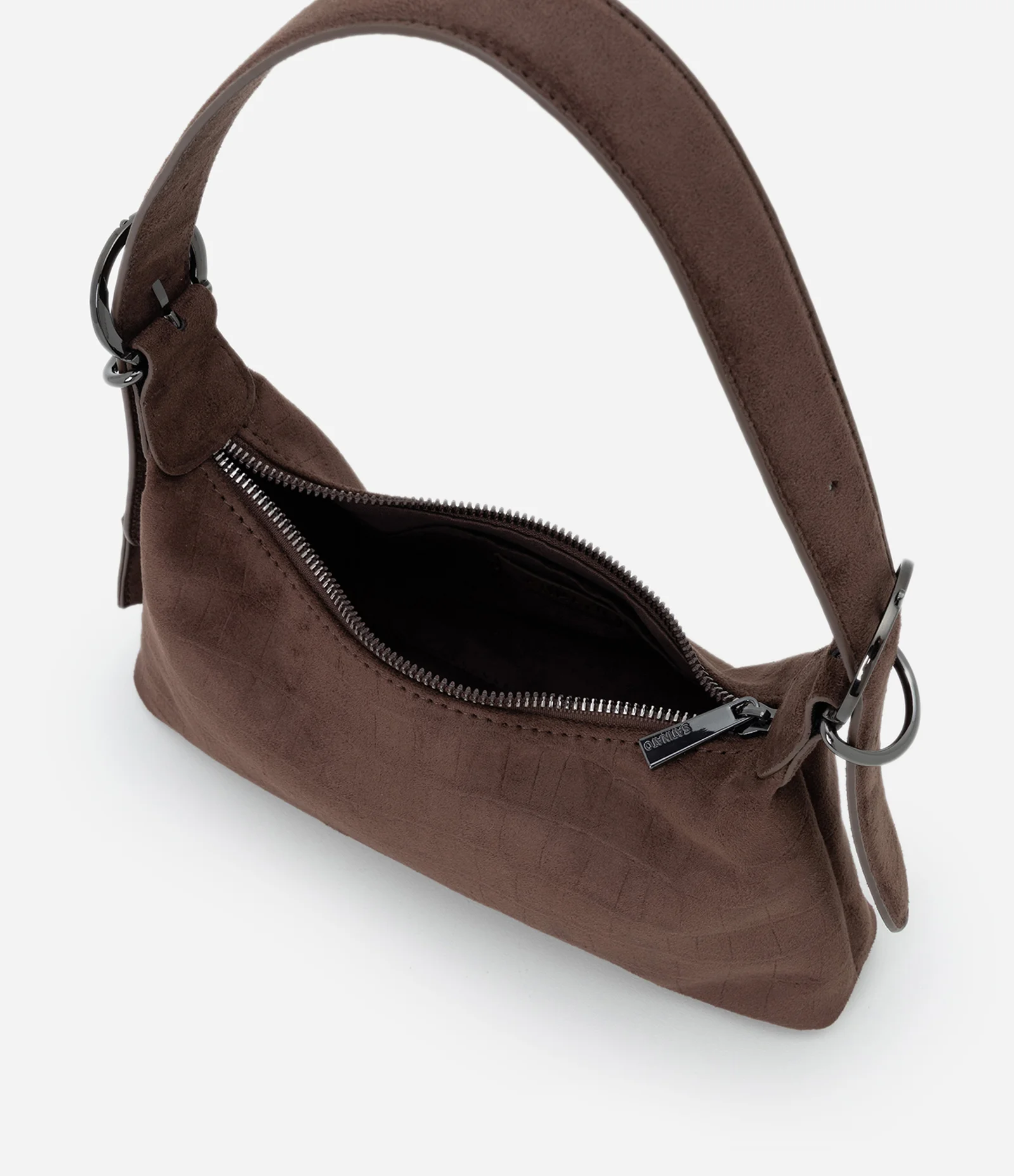 Bolsa Shoulder Pequena em Suede com Textura Croco e Fivelas Marrom 4