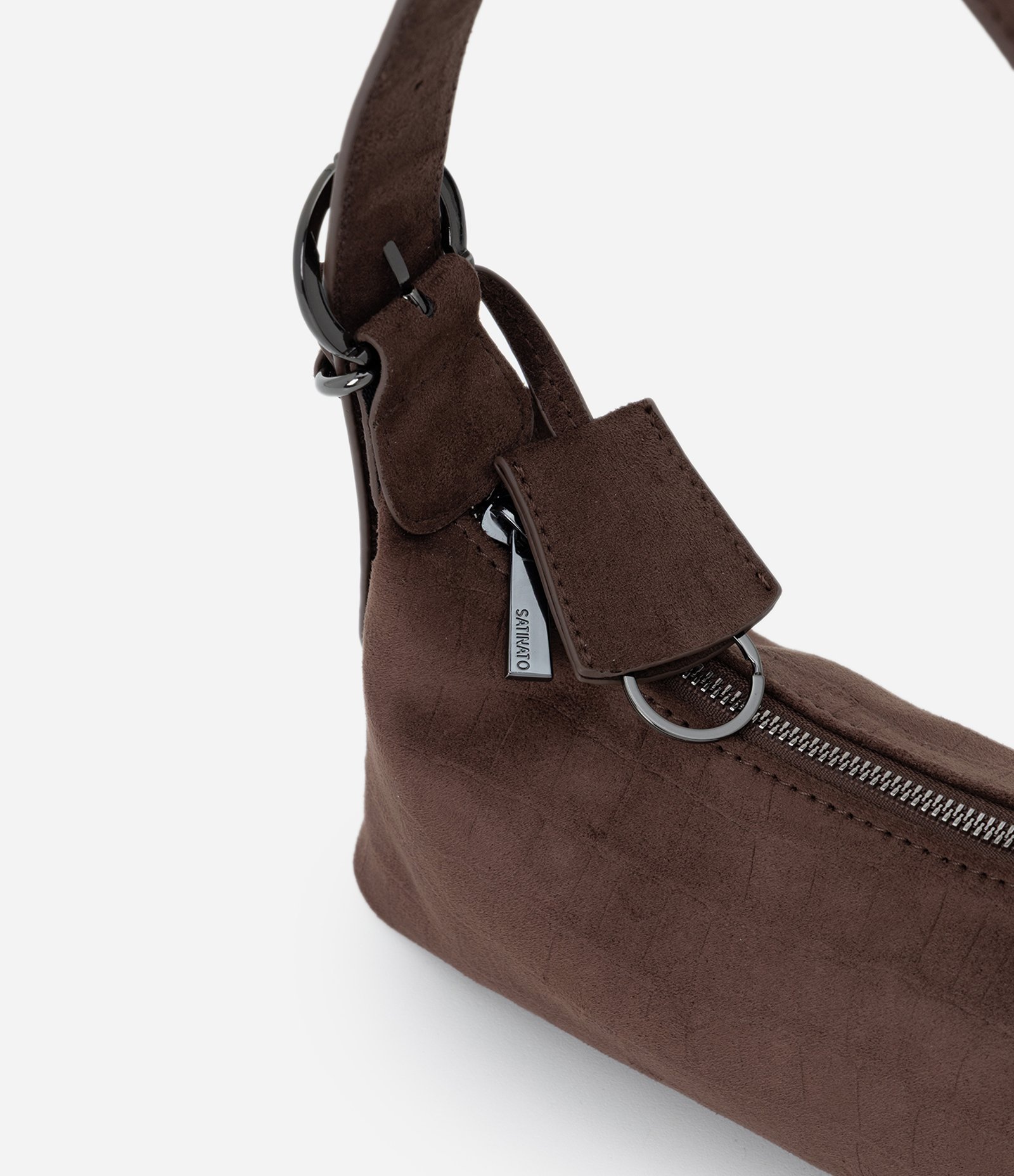 Bolsa Shoulder Pequena em Suede com Textura Croco e Fivelas Marrom 5