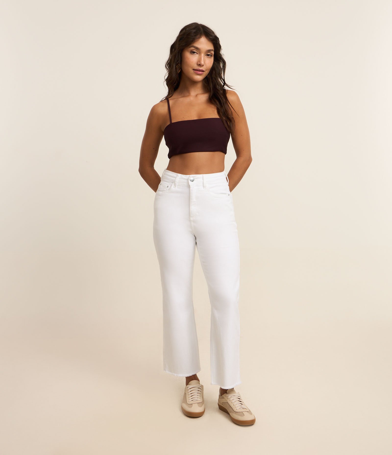 Calça Reta Cropped em Sarja com Bolsos Branco 1