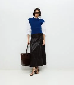 Saia Midi em PU com Recortes Frontais