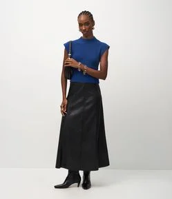 Saia Midi em PU com Recortes Frontais