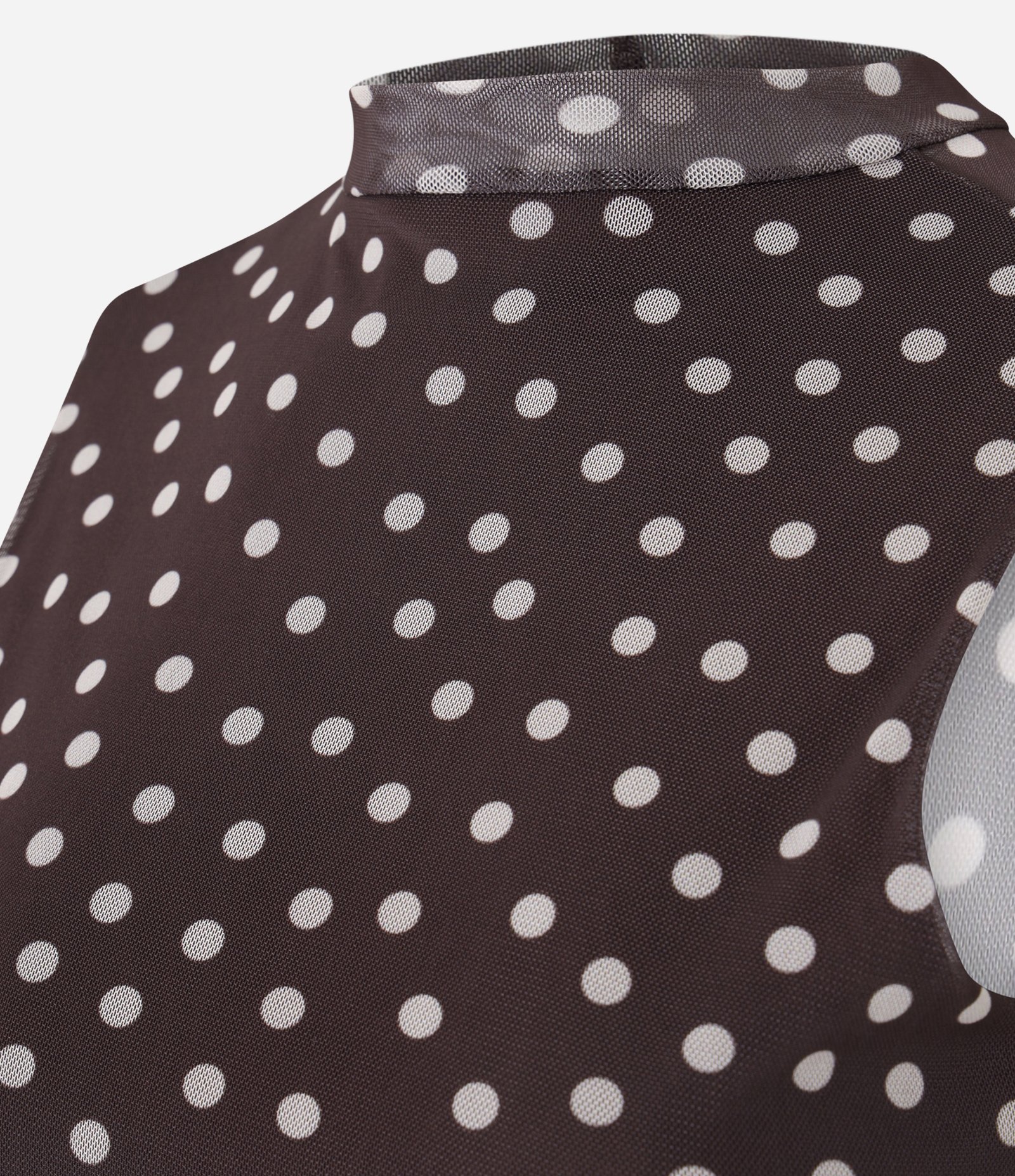 Blusa em Tule com Gola Ajustada e Estampa Poá Marrom 2