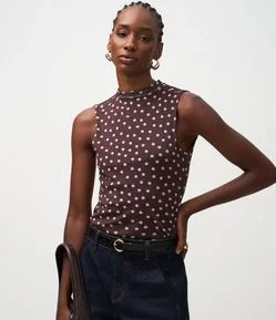 Blusa em Tule com Gola Ajustada e Estampa Poá