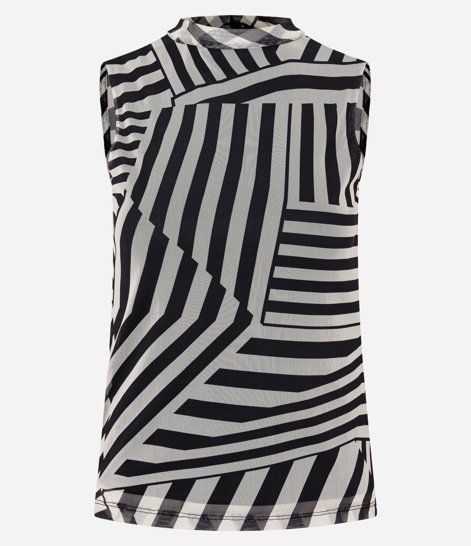 Blusa em Tule com Gola Alta com Listras Horizontais Preto/Bege 1