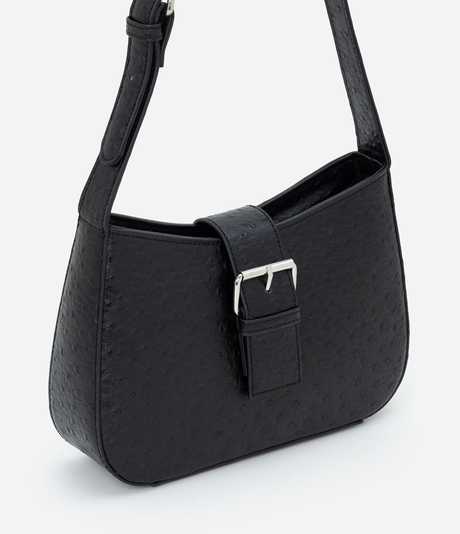 Bolsa Baguete Pequena em PU Texturizado com Alça Ajustável Preto 1