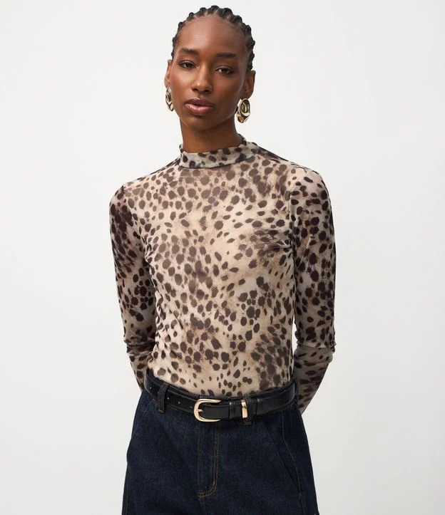 Blusa Manga Longa em Tule com Estampa Animal Print
