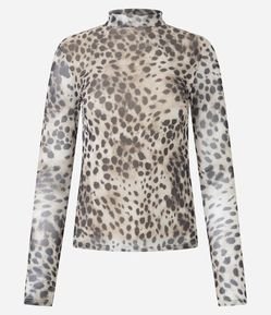 Blusa Manga Longa em Tule com Estampa Animal Print