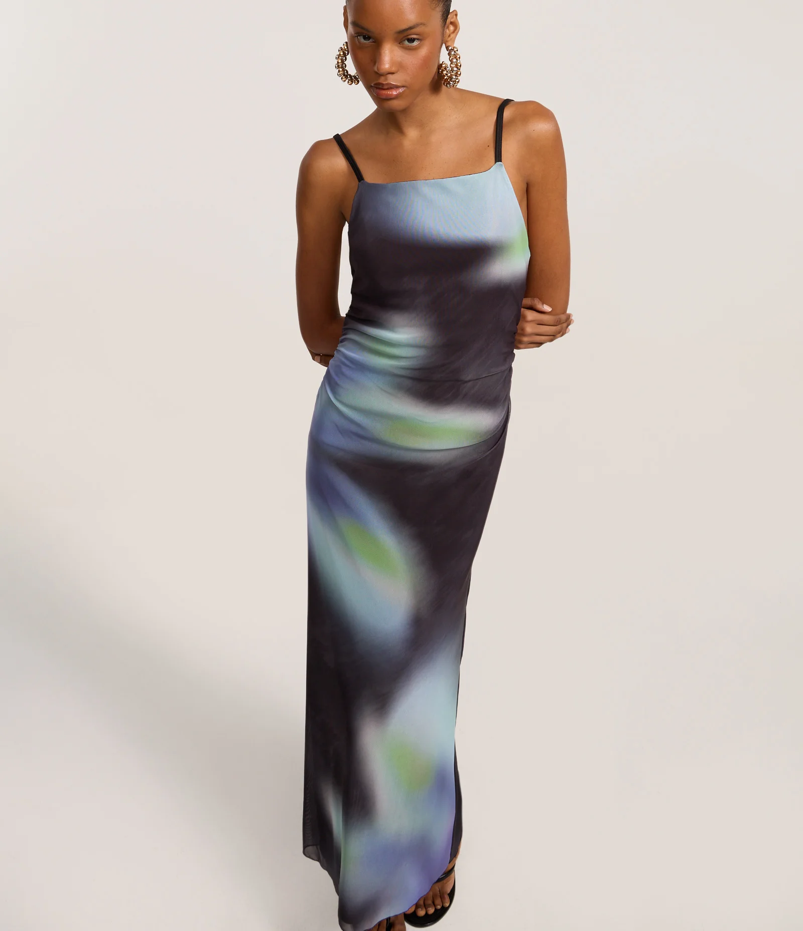 Vestido Midi em Tule com Estampa Manchada Flor e Franzido Anthracite 2